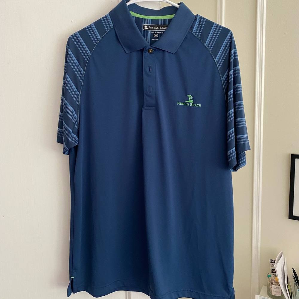 A blue and green Pebble Beach performance golf polo.